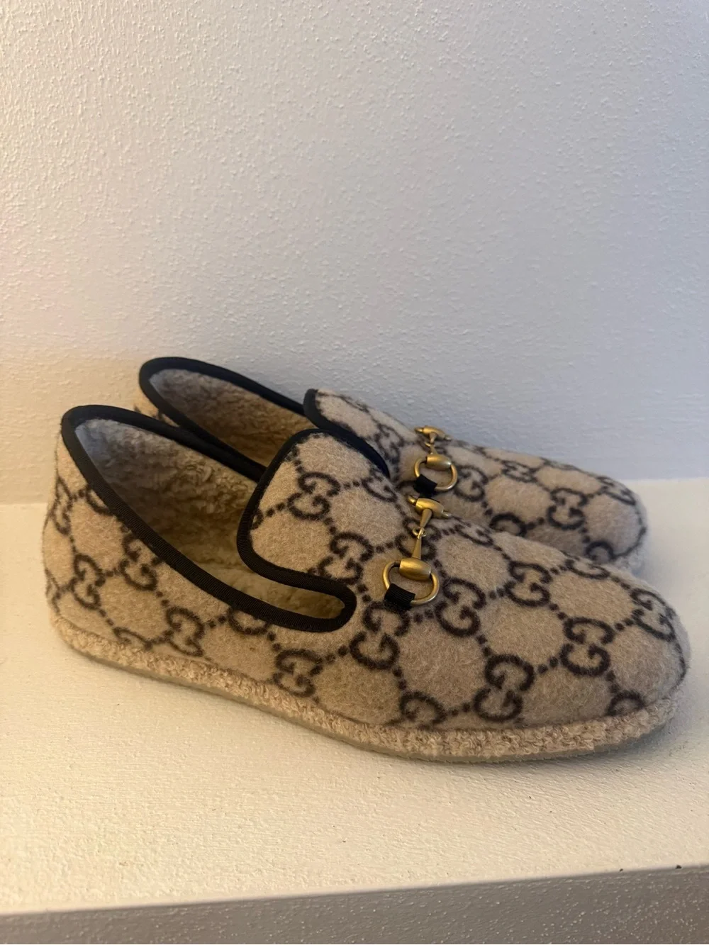 Gucci Beige & Black GG Wool Horsebit Slip-On Loafers